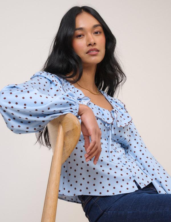 Nobody’s Child Blue Satin Polka Dot Blouse