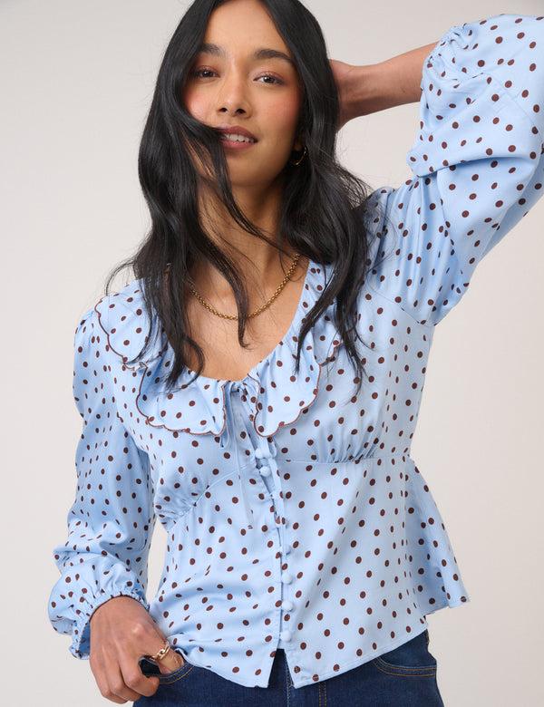 nobody’s child Blue Satin Polka Dot Blouse