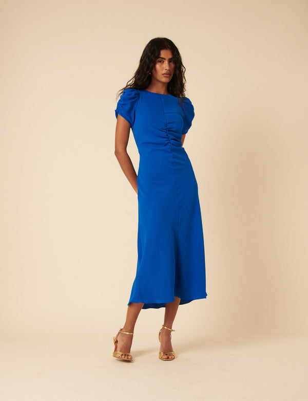 nobody’s child Blue Shirred Naomi Midi Dress