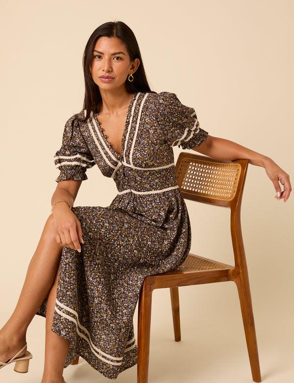 Nobody’s Child Brown Ditsy Floral Saffy Midi Dress