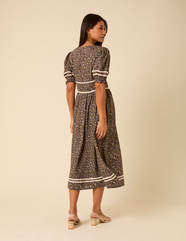 Nobody’s Child Brown Ditsy Floral Saffy Midi Dress