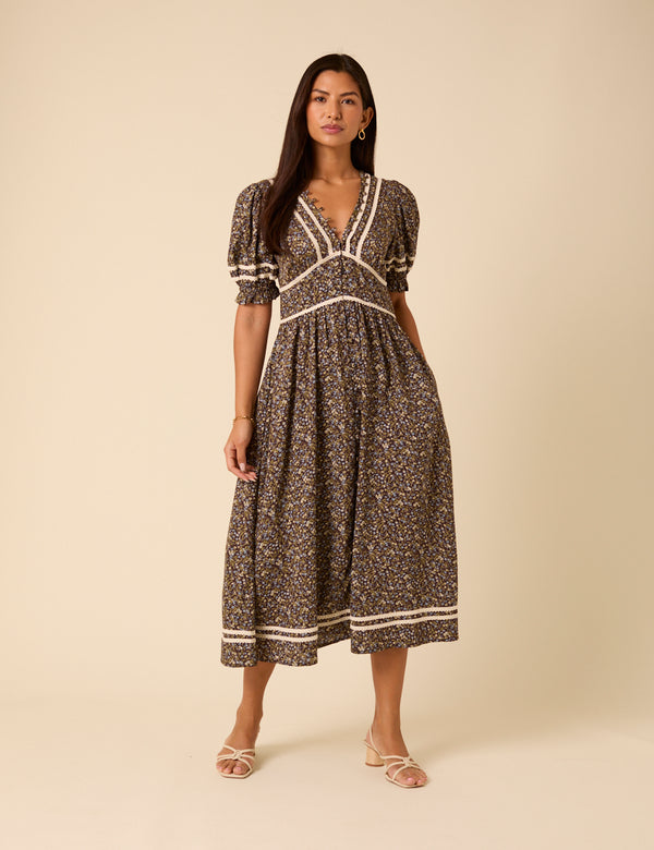 nobody’s child Brown Ditsy Floral Saffy Midi Dress