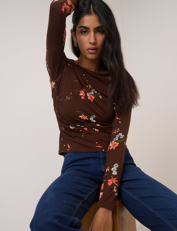 Nobody’s Child Brown Floral Jersey Top