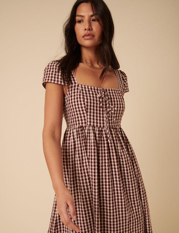 Nobody’s Child Brown Gingham Heidi Midi Dress