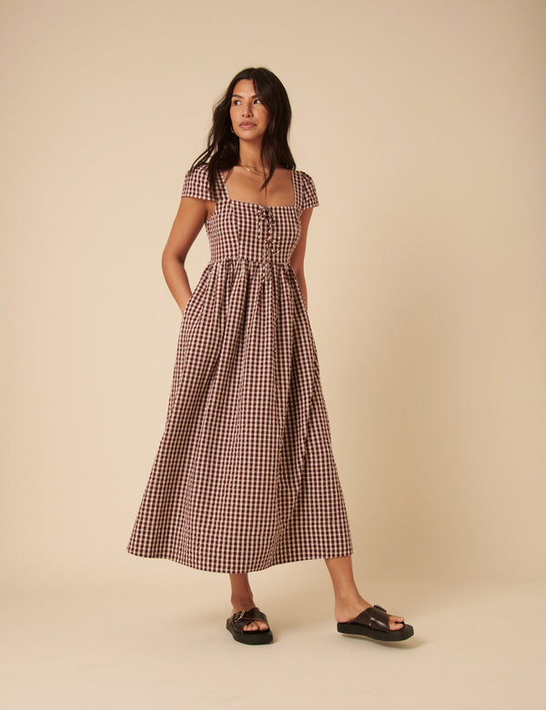 nobody’s child Brown Gingham Heidi Midi Dress