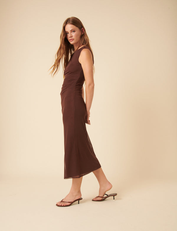 Nobody’s Child Brown Mesh Ruched Midi Dress