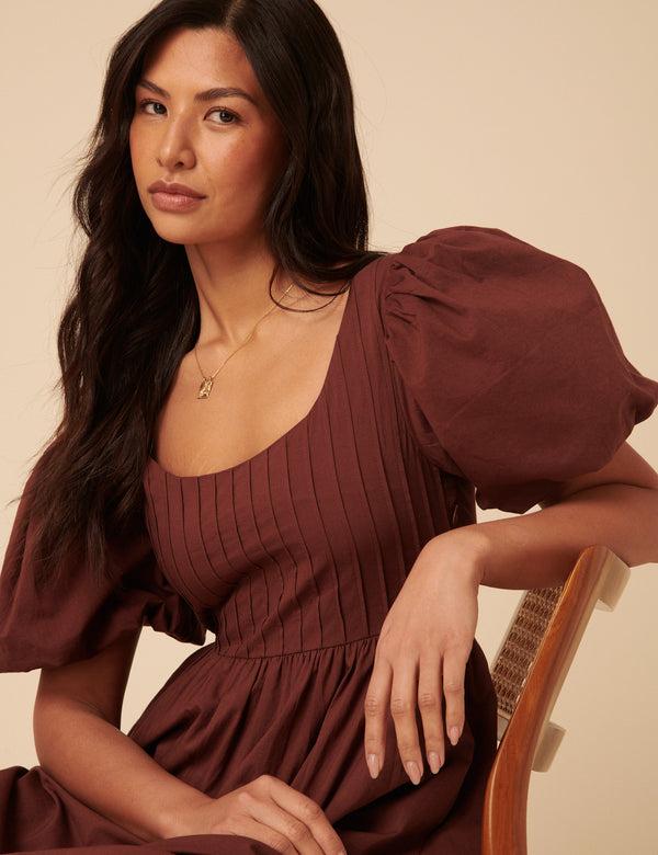 Nobody’s Child Brown Puff Sleeve Mimi Midi Dress