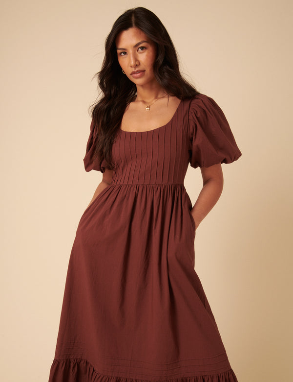 Nobody’s Child Brown Puff Sleeve Mimi Midi Dress