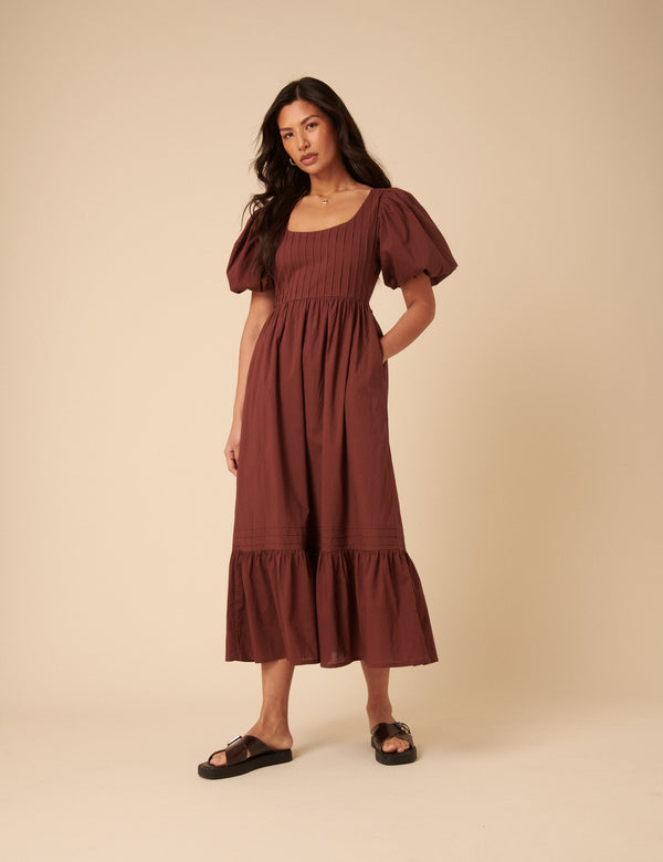 nobody’s child Brown Puff Sleeve Mimi Midi Dress