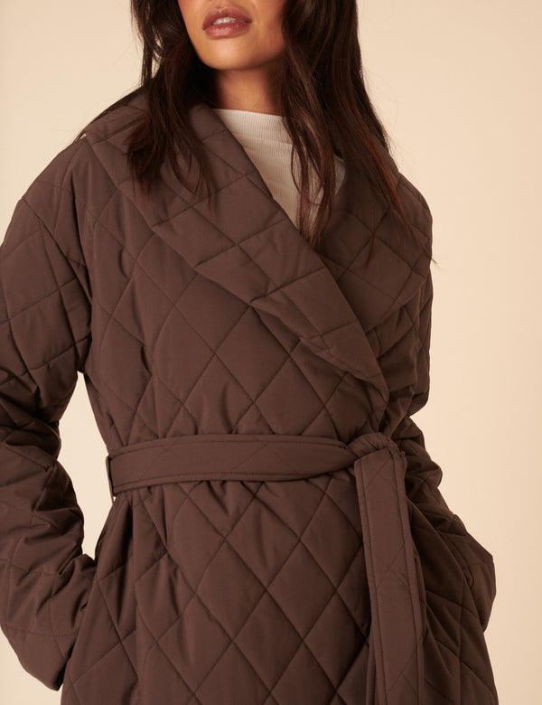 Nobody’s Child Brown Quilted Tie Belt Coat