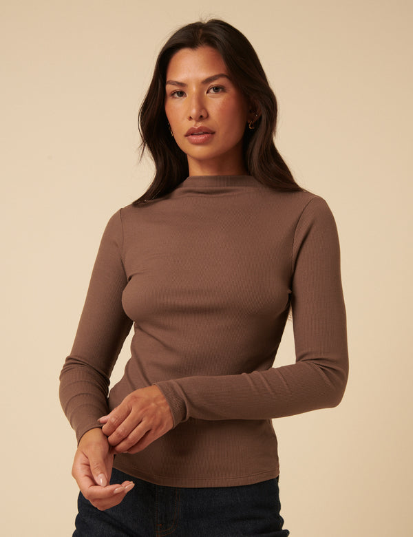 Nobody’s Child Brown Ribbed High Neck Top