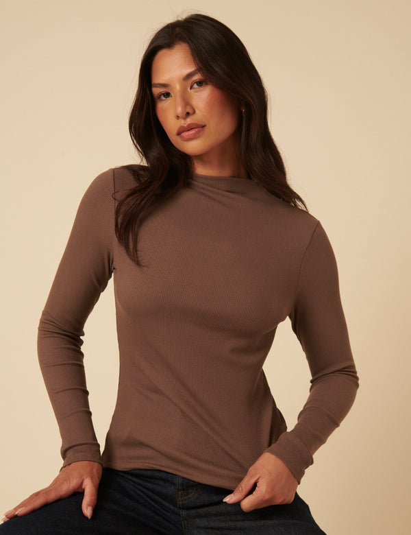 nobody’s child Brown Ribbed High Neck Top