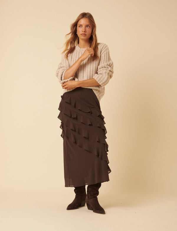 Nobody’s Child Brown Ruffle Midi Skirt