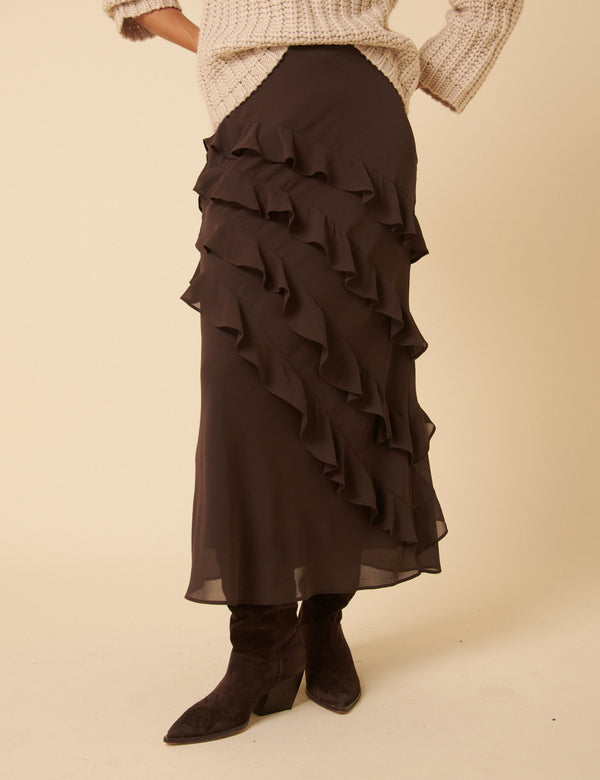 Nobody’s Child Brown Ruffle Midi Skirt