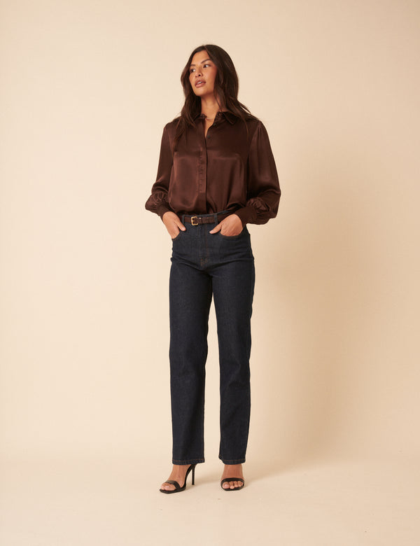 Nobody’s Child Brown Satin Balloon Sleeve Blouse