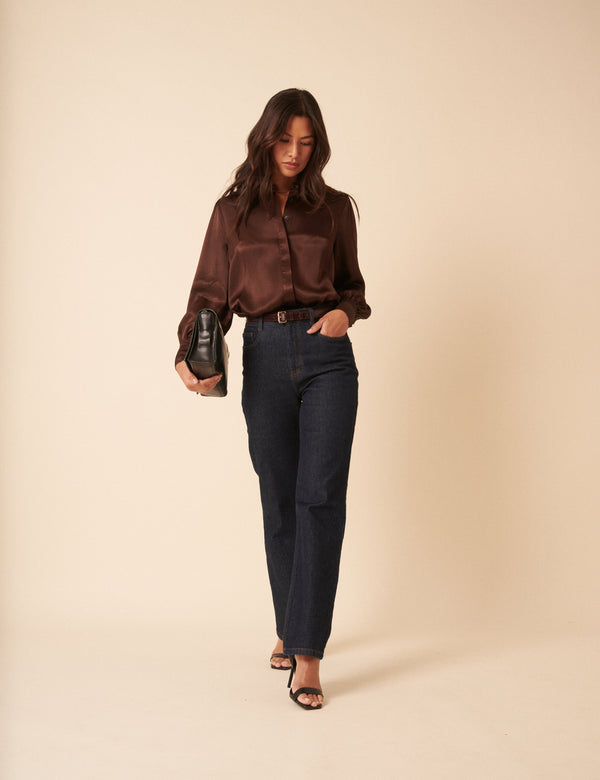 Nobody’s Child Brown Satin Balloon Sleeve Blouse