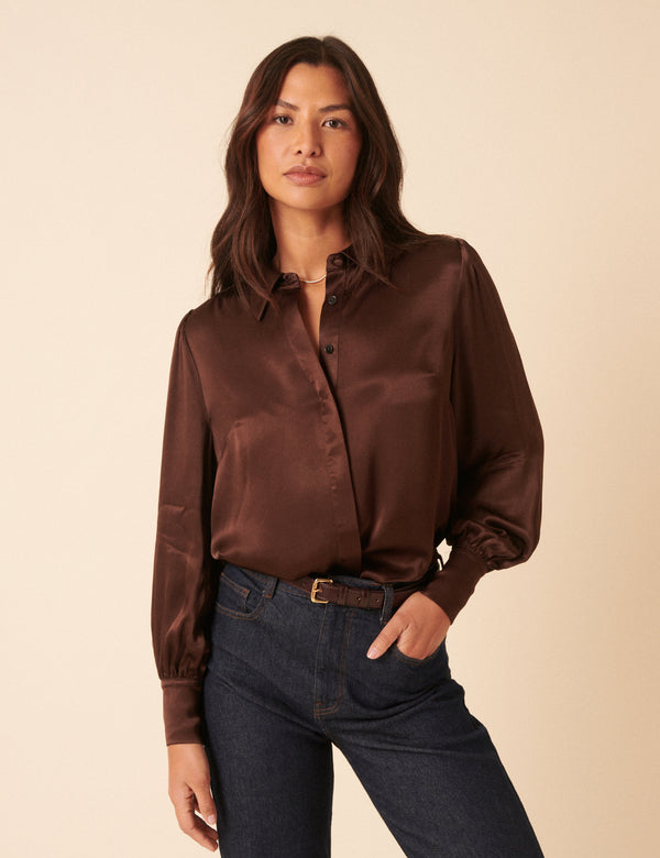 nobody’s child Brown Satin Balloon Sleeve Blouse
