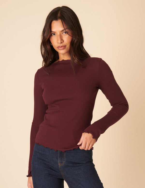 Nobody’s Child Burgundy Boat Neck Frill Ribbed Top