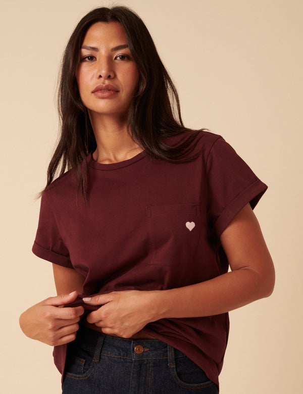 Nobody’s Child Burgundy Heart Embroidered T-Shirt