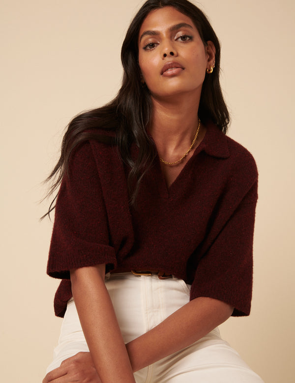 nobody’s child Burgundy Knitted Collar T-shirt