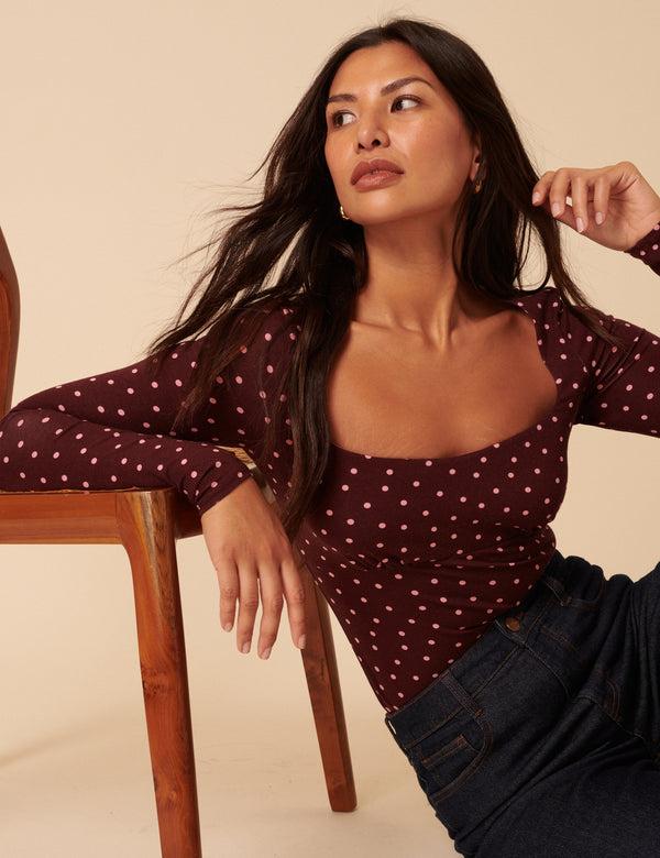 Nobody’s Child Burgundy Polka Dot Long Sleeve Top