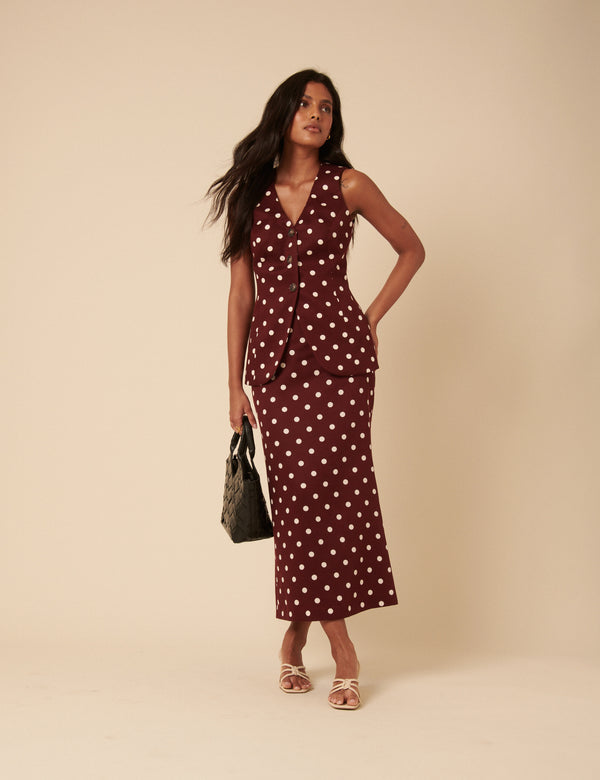 nobody’s child Burgundy Polka Dot Midi Skirt