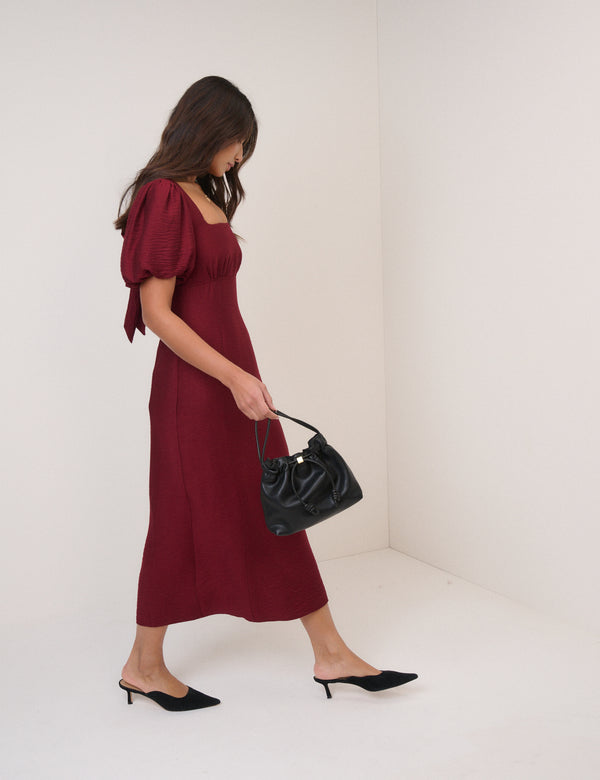 Nobody’s Child Burgundy Puff Sleeve Pax Midi Dress
