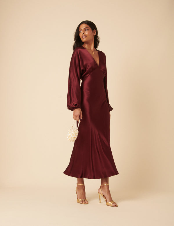 Nobody’s Child Burgundy Satin Allura Midi Dress