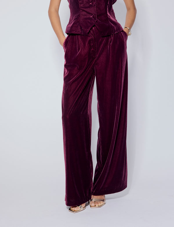 Nobody’s Child Burgundy Velvet Wide Leg Trousers