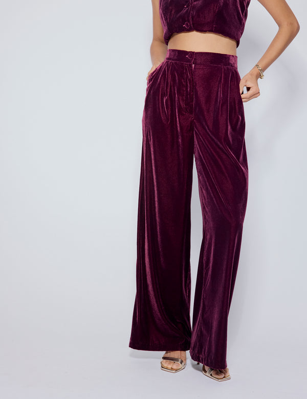 Nobody’s Child Burgundy Velvet Wide Leg Trousers