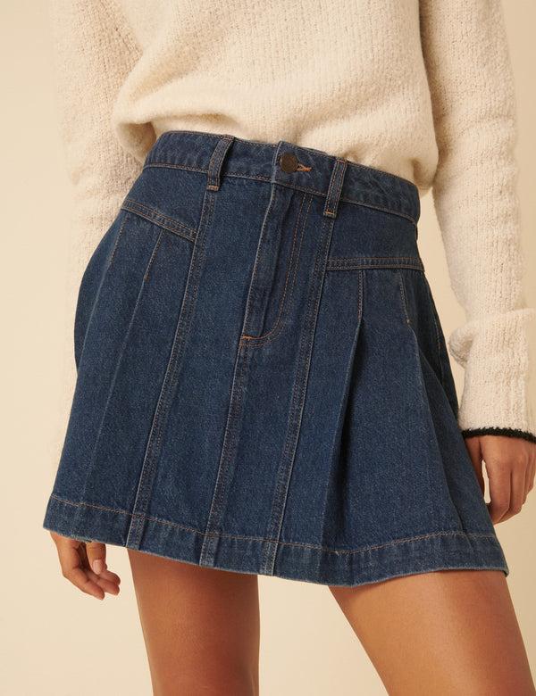 Nobody’s Child Dark Blue Denim Pleated Mini Skirt