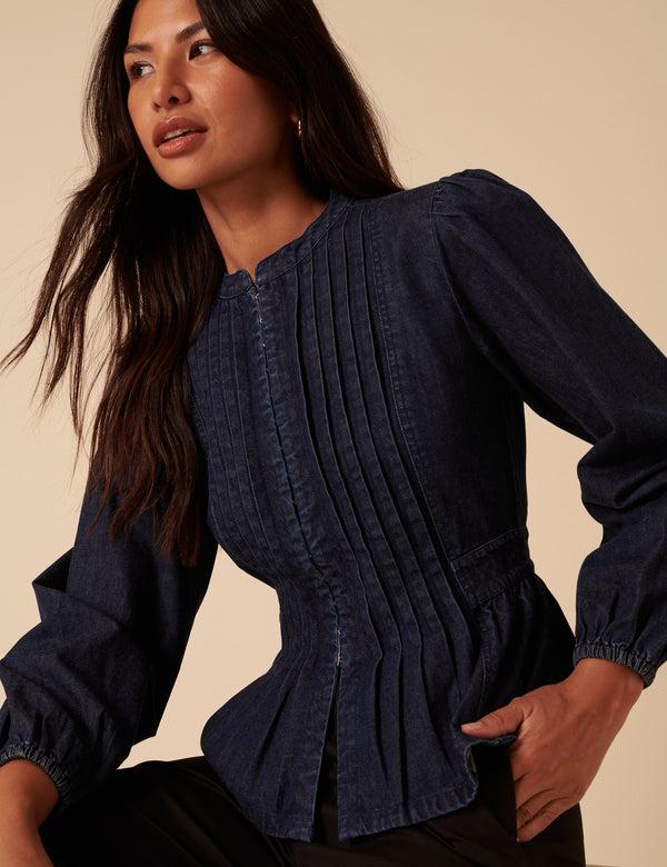 Nobody’s Child Dark Denim Pintuck Denim Blouse