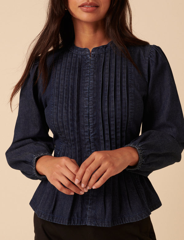 Nobody’s Child Dark Denim Pintuck Denim Blouse