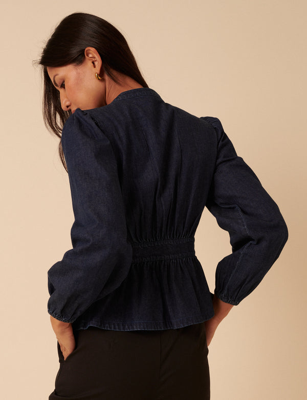 Nobody’s Child Dark Denim Pintuck Denim Blouse