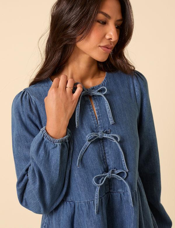 Nobody’s Child Denim Tie Front Eden Mini Dress