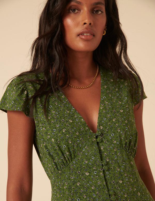 Nobody’s Child Green Ditsy Floral Avery Midi Dress