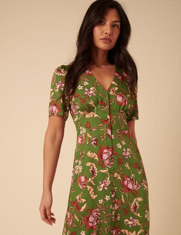 Nobody’s Child Green Floral Alexa Midi Dress