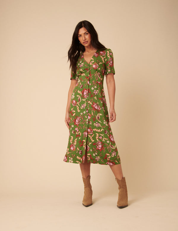 nobody’s child Green Floral Alexa Midi Dress
