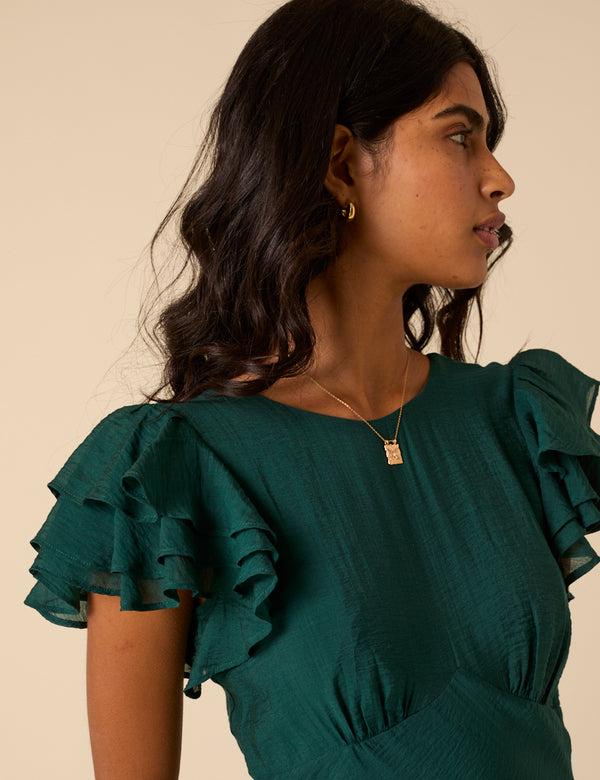 Nobody’s Child Green Frill Sleeve Lola Midi Dress