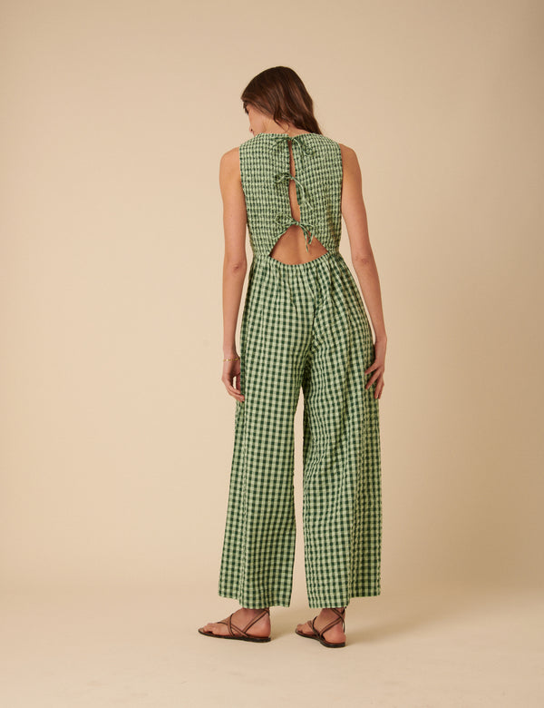 Nobody’s Child Green Gingham Shirred Ruth Jumpsuit