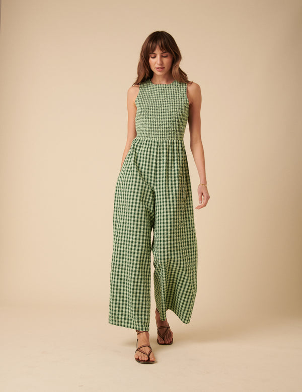 nobody’s child Green Gingham Shirred Ruth Jumpsuit