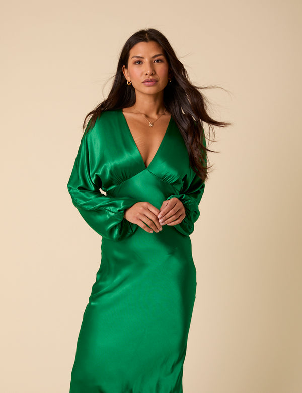 Nobody’s Child Green Satin Allura Midi Dress