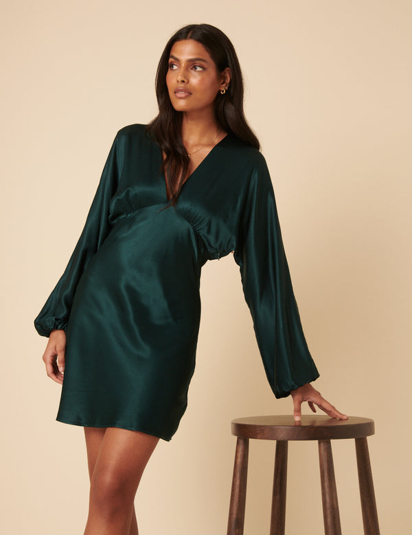 Nobody’s Child Green Satin Long Sleeve Mini Dress