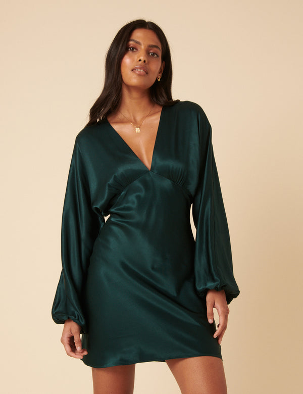 nobody’s child Green Satin Long Sleeve Mini Dress