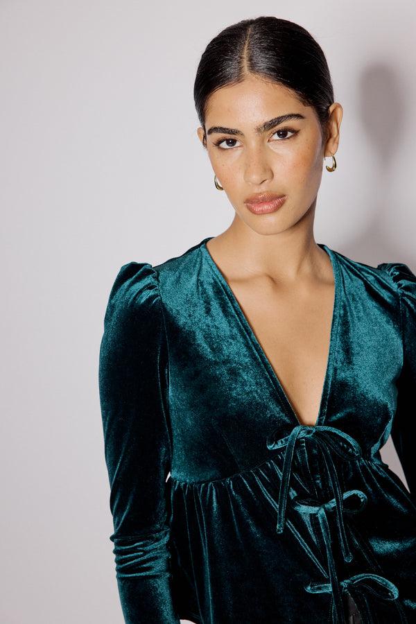 Nobody’s Child Green Velvet Tie Front Top