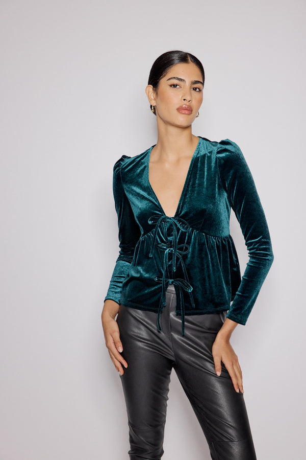 Nobody’s Child Green Velvet Tie Front Top