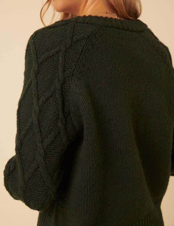 Nobody’s Child Khaki Cable Knit Crew Neck Cardigan