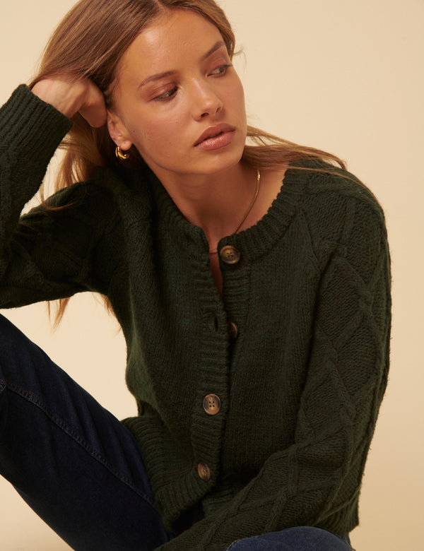 nobody’s child Khaki Cable Knit Crew Neck Cardigan