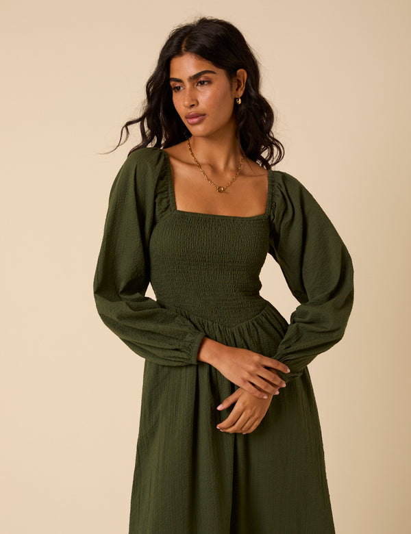 Nobody’s Child Khaki Long Sleeve Imogen Midi Dress
