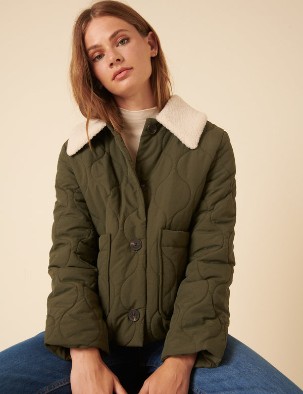 Nobody’s Child Khaki Quilted Borg Collar Jacket